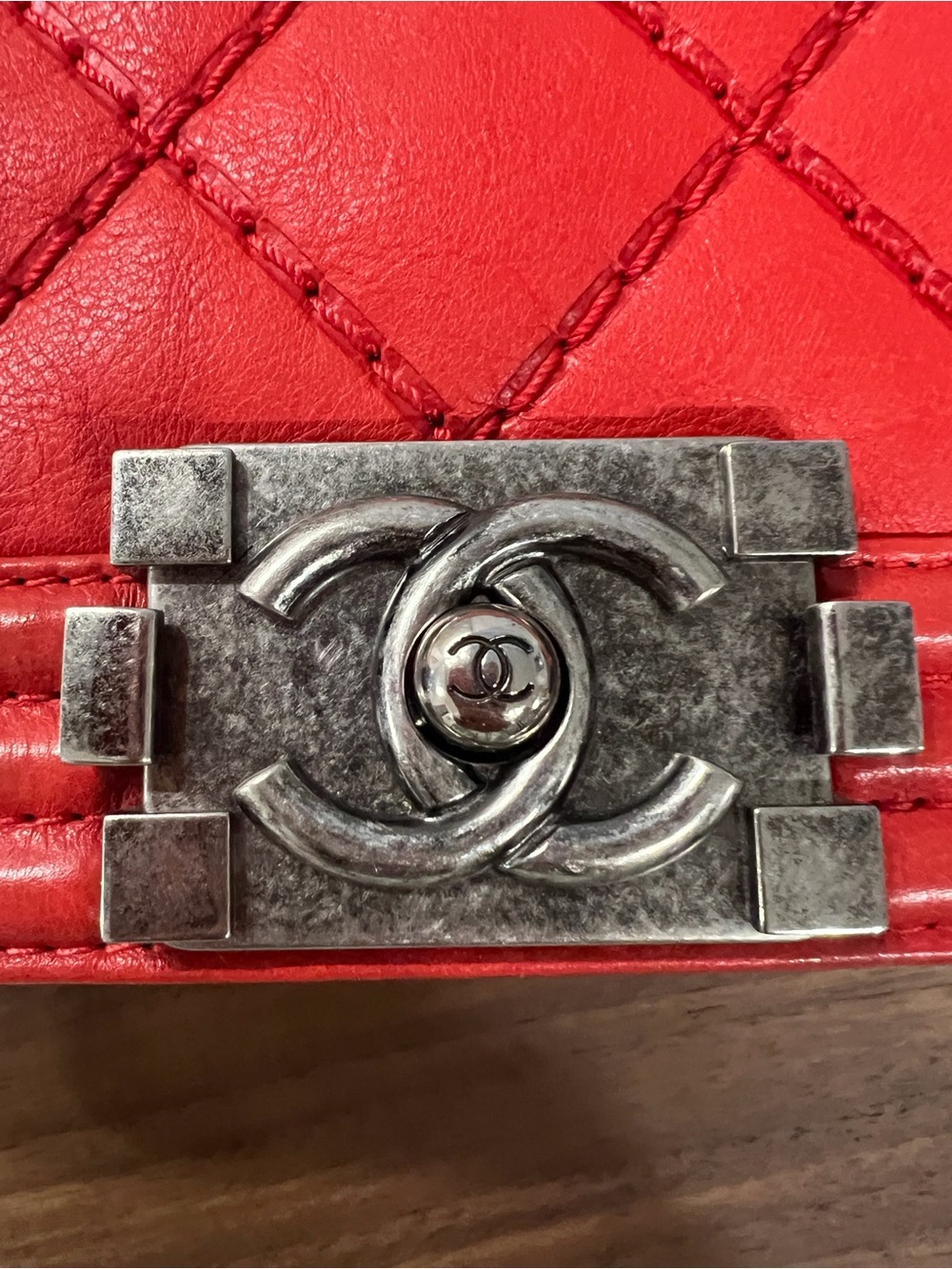Chanel Medium Boy Bag Red Lambskin Very Good Condition with Dust Bag - Picture 12 of 16